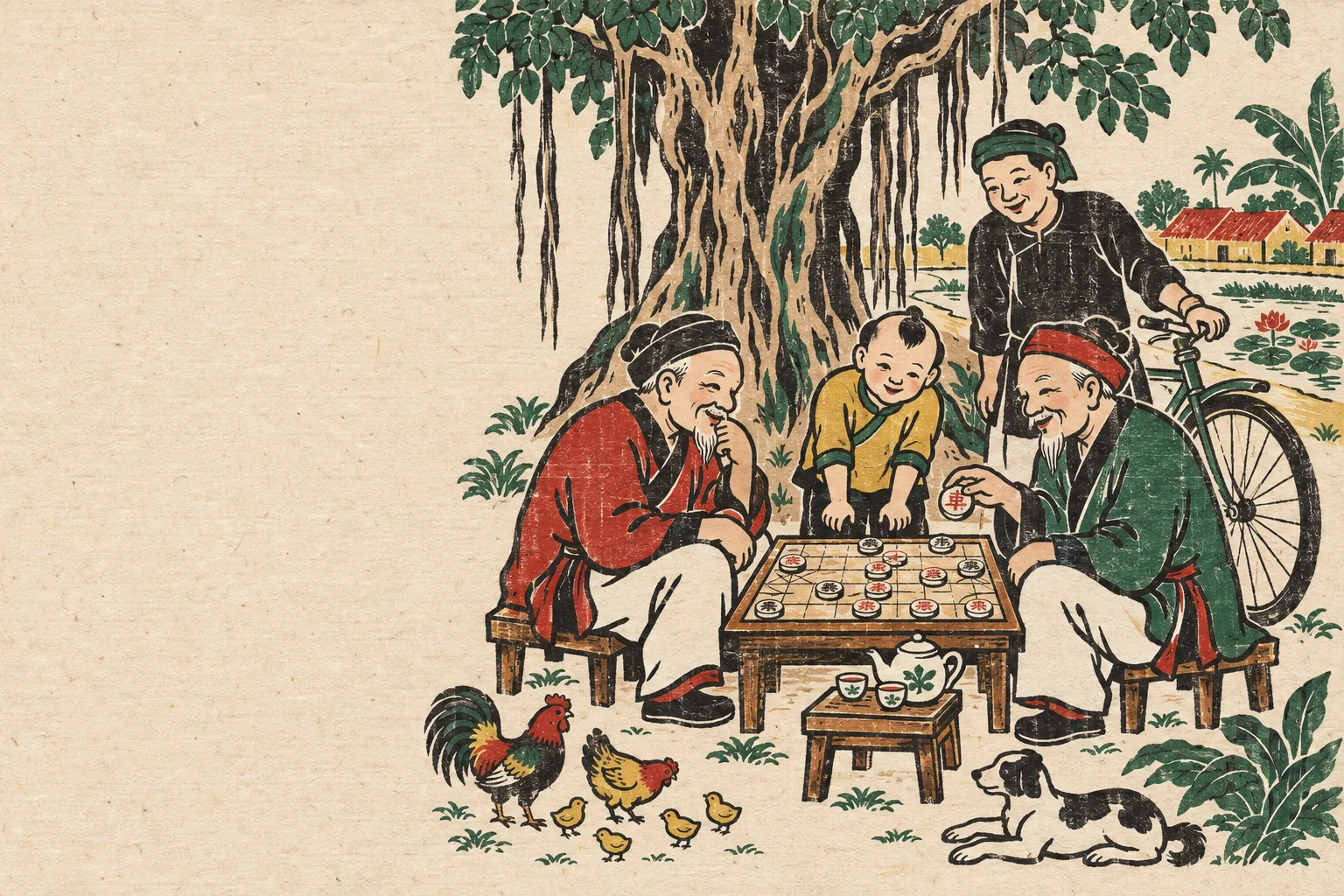Tranh Đông Hồ: hai cụ đánh cờ tướng dưới gốc đa